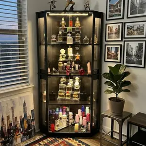 MIIFUNY Corner Display Cabinet with Glass Doors, 65" Lighted Curio Cabinet with 3 Color LED Lights for Perfume, Fragrances, 4-Tier Showcase Display Case with Human Body Sensor, Black
