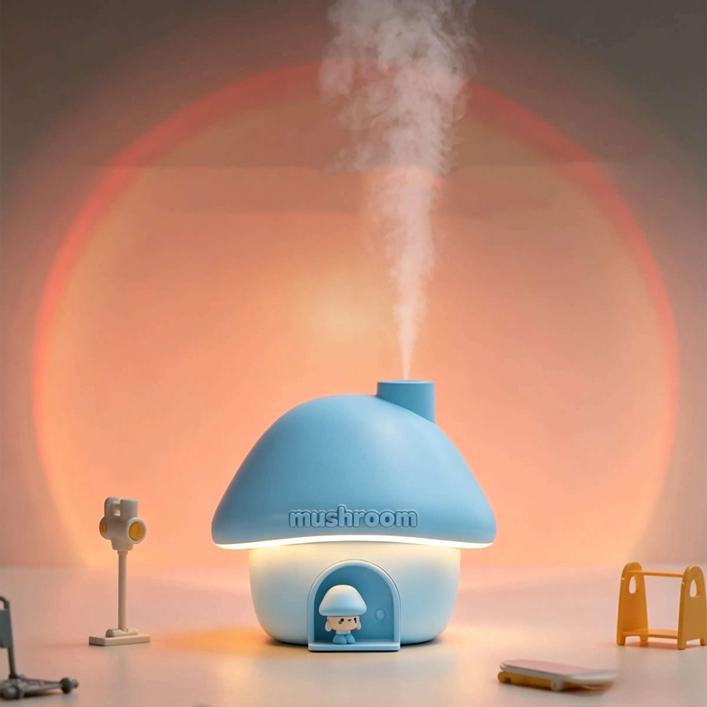 Colorful Light Mushroom Humidifier, Rechargeable Portable Humidifier, Portable Humidifiers for Travel, Cute Sunset Lamp, 2000mah Battery, 300ML Water Tank, Atmosphere Light, Office Bedroom, Girl Gift