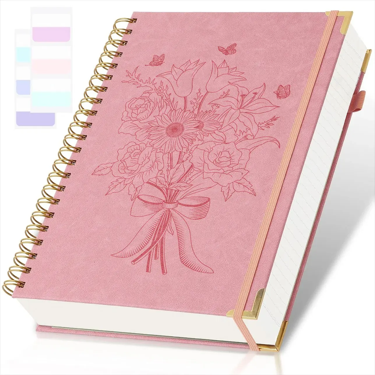 Floral Theme Spiral Notebook, 300 Pages Embossed Journal, College Ruled Notebook, Hardcover with Numbered Pages, 24 Index Tabs, Large Leather Diary, Writing Stationery, Girly Office Supplies, Aesthetic School Supplies, Office Stationery Supplies