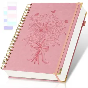 Floral Theme Spiral Notebook, 300 Pages Embossed Journal, College Ruled Notebook, Hardcover with Numbered Pages, 24 Index Tabs, Large Leather Diary, Office Stationery Supplies