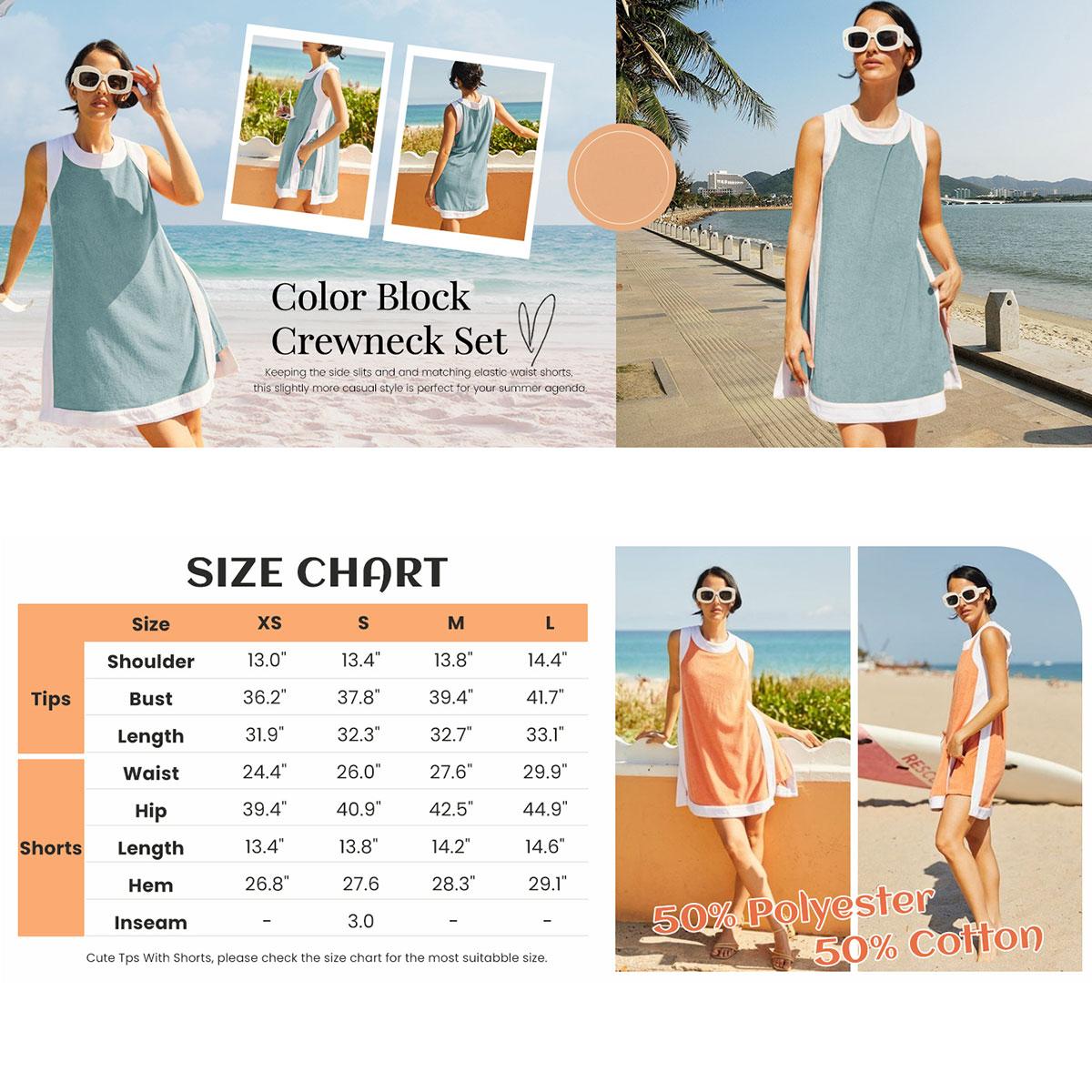 Kingapril Women's Casual Two Piece Sets Color Block Crewneck Sleeveless Pullover Tops Matching Shorts With Pockets