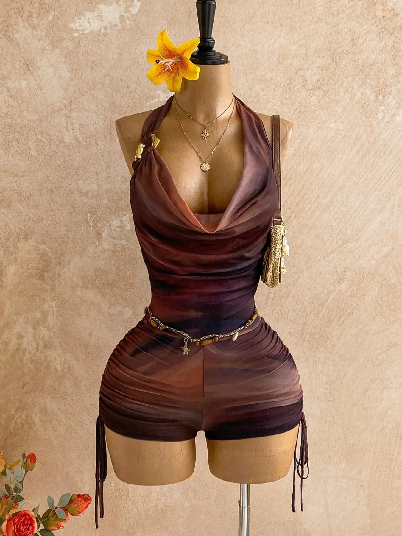 Women's Vintage Gradient Print Mesh Metal Decor Ruched Ruffles Deep V Romper for Party, Holiday, Music Festival