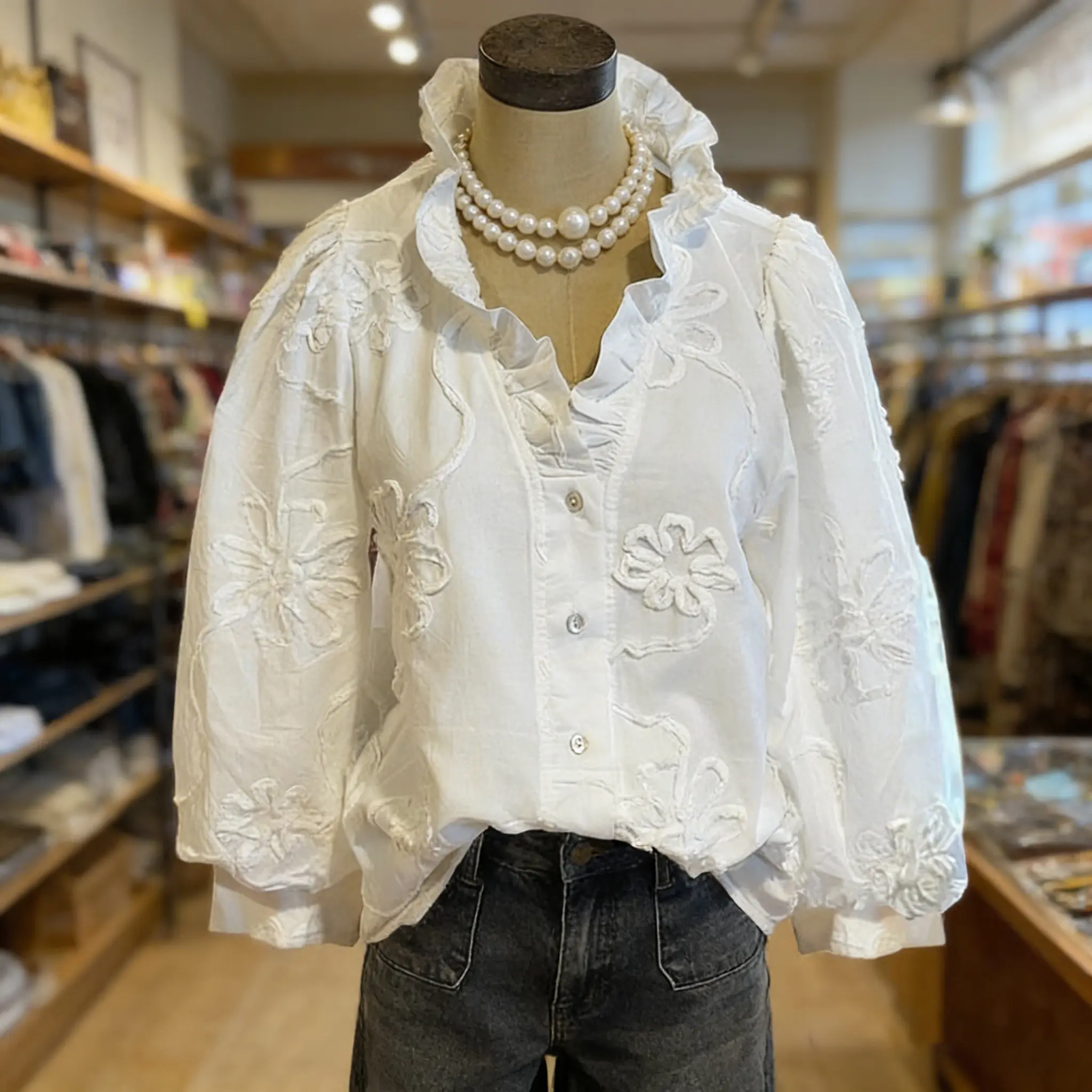 Women's Soft Elegant Cotton Blouse - Vintage Floral Embroidery, Chic Ruffle Neck, Fitted Puff Sleeves - Style Inspo for Going Out, OOTD Ideas, Dress Casual Wear, Wardrobe Staples, Fashion Inspiration, Blouse Shirt, Cold Wash, Elegance, Long Sleeve, Cotton