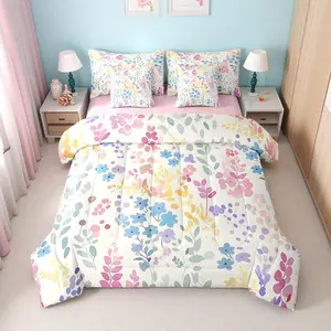 7 Piece Cute Blue Floral Bed Set,Colorful Boho Wildflower Comforter Set for Kids Girls Boys,Bohemian Flower Bedding Set with Sheets,Wild Flowers Bed in a Bag with Pillowcases