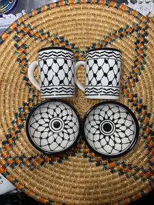 Palestinian pottery Kuffiyeh Mug and bowl set of 2 12oz mugs and two 11cm deep bowls ceramic handmade In Palestine