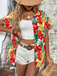 Women's Hawaiian Tropical Print Short Sleeve Button Shirt Blouse, Lightweight Summer Casual Top, Bright Floral Pattern, Beach Vacation Wear, Boho