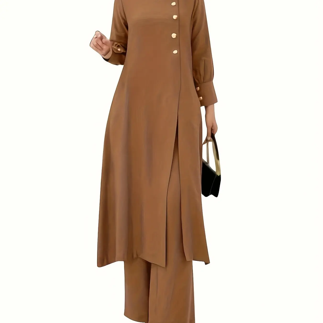 Elegant Black Polyester Two-Piece Set with Lantern Sleeves and Decorative Buttons - Comfortable Loose-Fit Top & Wide-Leg Pants, Machine Washable for All Seasons