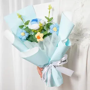 【Valentine's Day】Handmade knitted flower bouquet, made with yarn, one artificial flower bouquet included, comes with a transparent carrying bag,a greeting card. Suitable for Valentine's Day, Christmas, and birthday gifts, and also for home decoration.