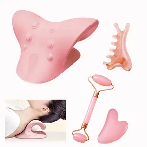 4-Piece Massage Beauty Set, C-Neck Pillow, Resin Face Roller, Scrubber, Multi-Function Comb, Facial and Neck Care, Ideal Gift for Women