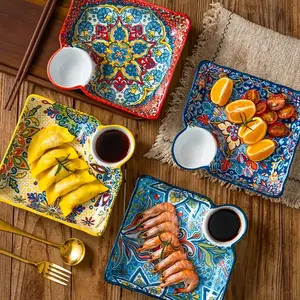 Bohemian Ceramic Dinner Set, 1 Count Serving Plate with Sauce Dish Grid, Decorative Floral Serving Tray for Dumplings, Breakfast & Fruits, Dinner Plates, Modern Ceramic Dinnerware
