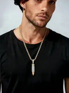 Hiphop Full Diamond Bullet Alloy Pendant Necklace, Unique Twisted Chain Design, Daily Wear Rap Jewelry, Fashion Accessory