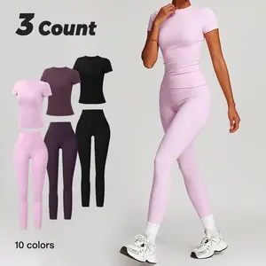 Two Piece Women's Solid Colour Crew Neck Short Sleeve T-Shirt and High Waisted Sweatpants Set,Breathable and Quick Drying Short Sleeve T-Shirt and Leggings,Yoga Fitness Running Workout Clothes,Women's Workout Clothes,workout sets for women