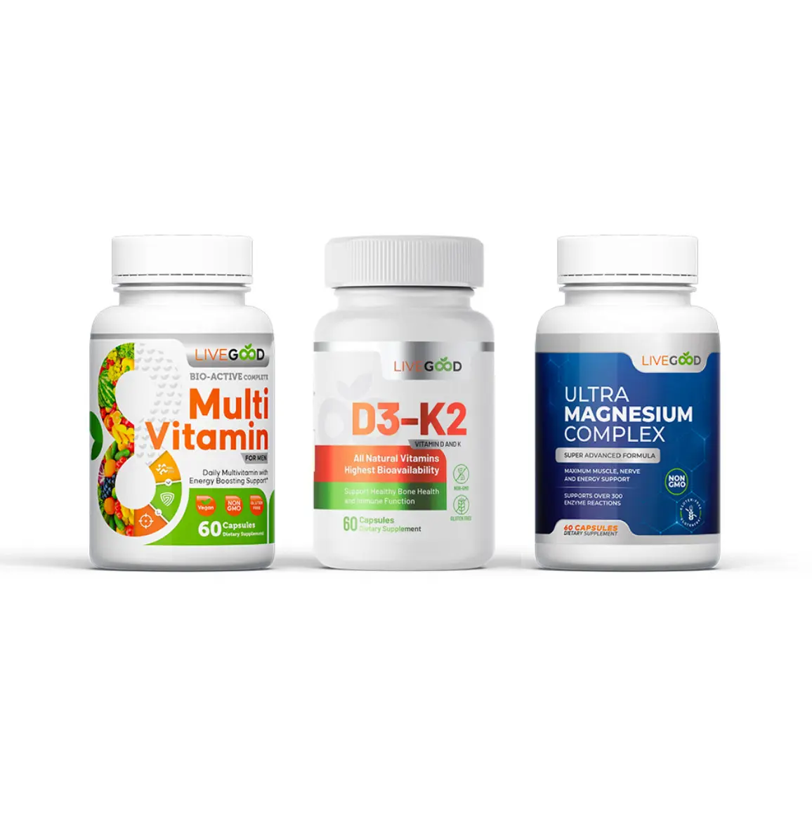LiveGood Men’s Daily Essentials Bundle – Multivitamin, Vitamin D3-K2, and Ultra Magnesium Complex for Energy, Bone, Muscle, and Immune Support (60 Capsules Each)
