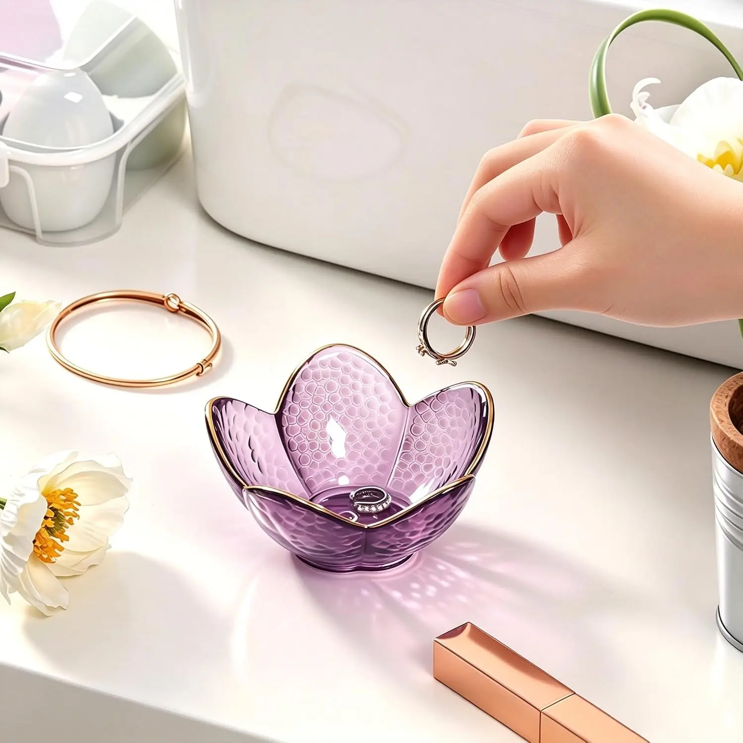 Purple Flower Jewelry Dish Glass Ring Holder Dish Jewelry Tray Cute Vanity Organizer Aesthetic Nightstand Bathroom Room Decor Trinket Dish Mothers Day Friendship Christmas Birthday Gifts for Women