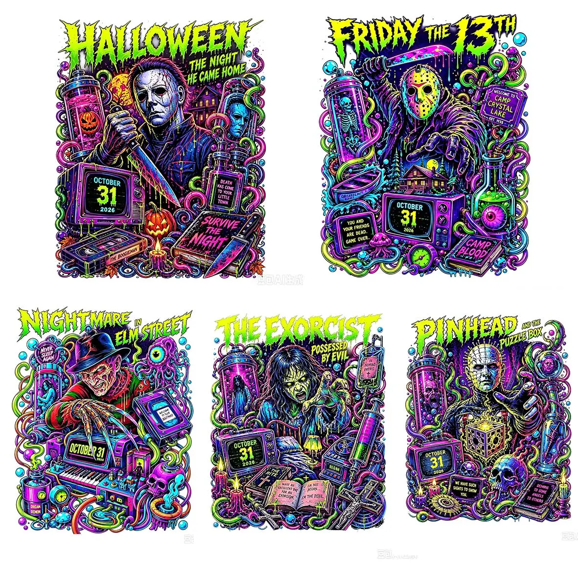 Horror Character DTF Transfer Stickers - Halloween Iron‑On DTF Film Decals, Bold Graphics, Wash Resistant, Stretch & Stay Put Sewing Accessories, DIY Craft Supplies for Custom Shirts, Streetwear