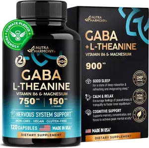 GABA Supplements for Natural Calm | Sleep | Relaxation | Stress Relief Support - L-Theanine | Magnesium | Vitamin B6 - Made in USA - 750 mg Gamma AminoButyric Acid - 120 Natural Vegan Capsules vitamin supplements