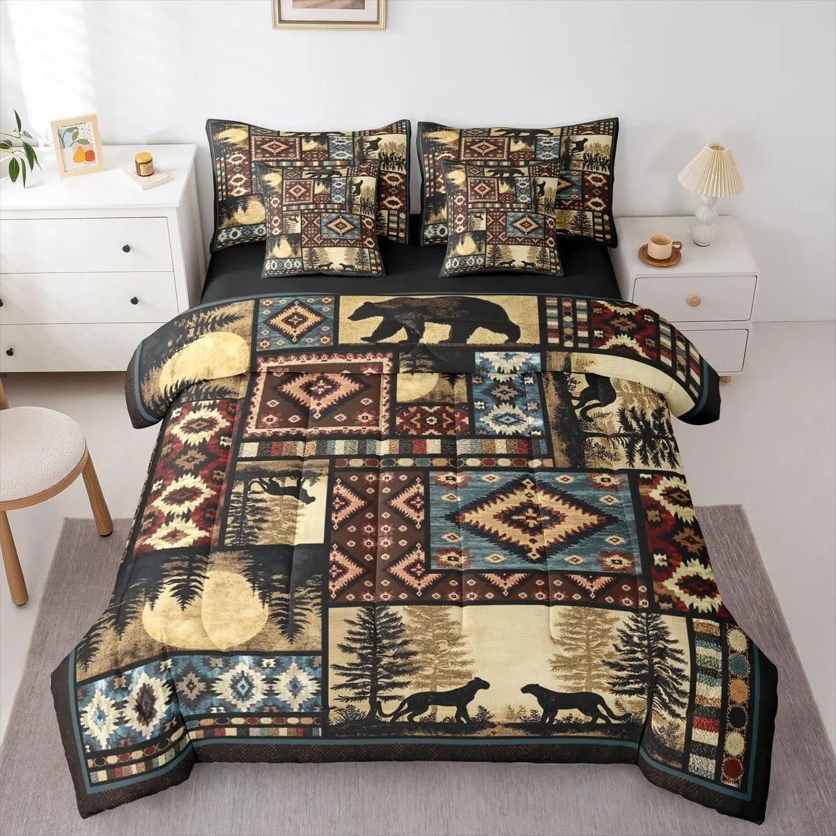 Buffalo Plaid Grid Comforter Set,7 Piece Rustic Bear Cheetah Comforter Set,Woodland Animals Hunting Theme Bedding Set,for Kids Vintage Tribe Aztec Sheet Set with Comforter