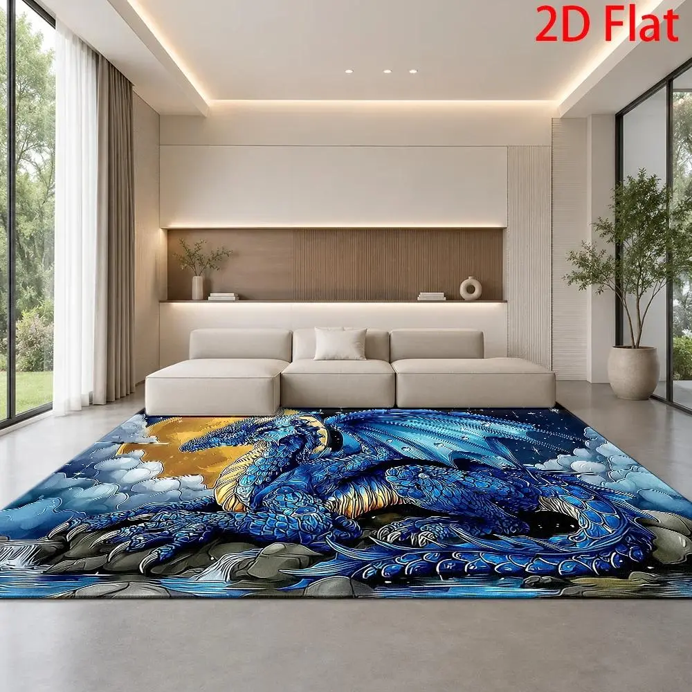 Flat 2D Blue Dragon Print Large Area Rug - Mythical Beast Living Room Decor, Durable, Machine Washable, Indoor Use, Extra Large Carpet Floor Mat for Child Nursery, Affordable
