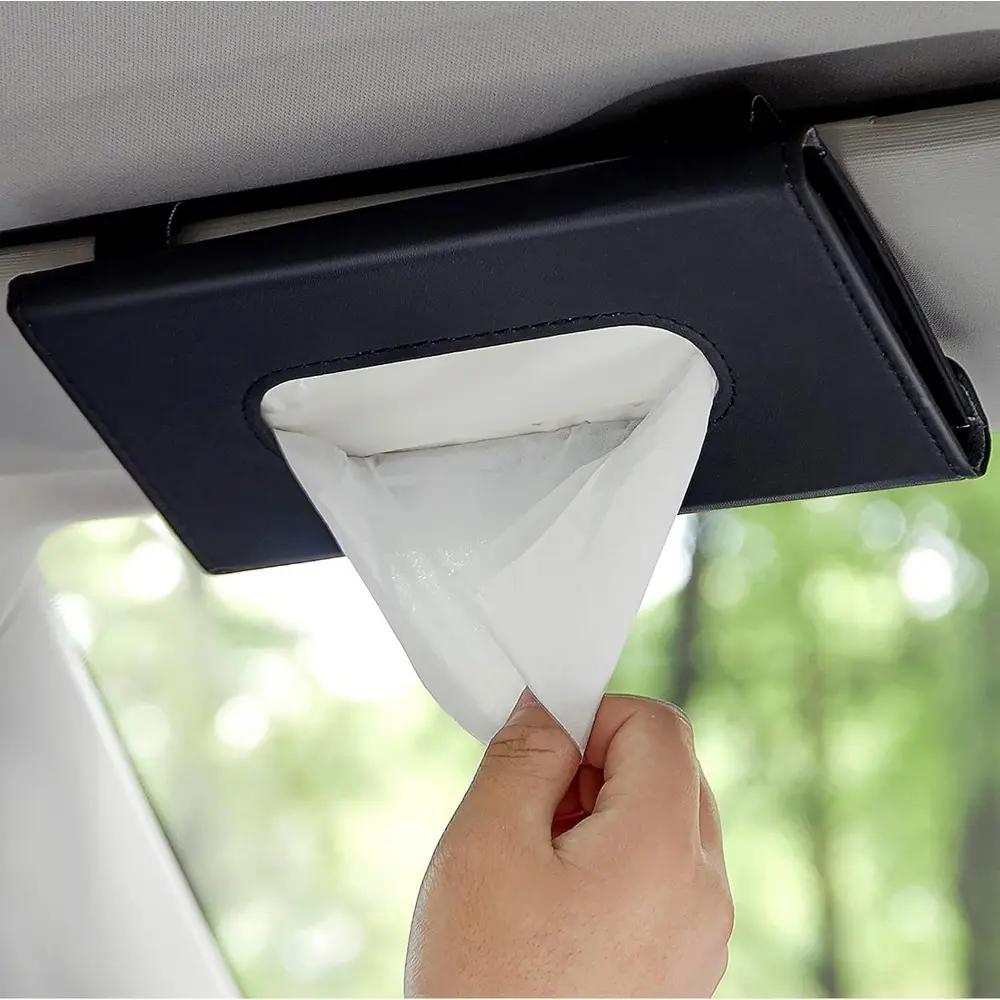 Tissue Holder For Car, Upgraded Version Hanging Tissue Holder in Car, Premium PU Leather Napkin Holder For Universal Auto, Easy Use (Black)