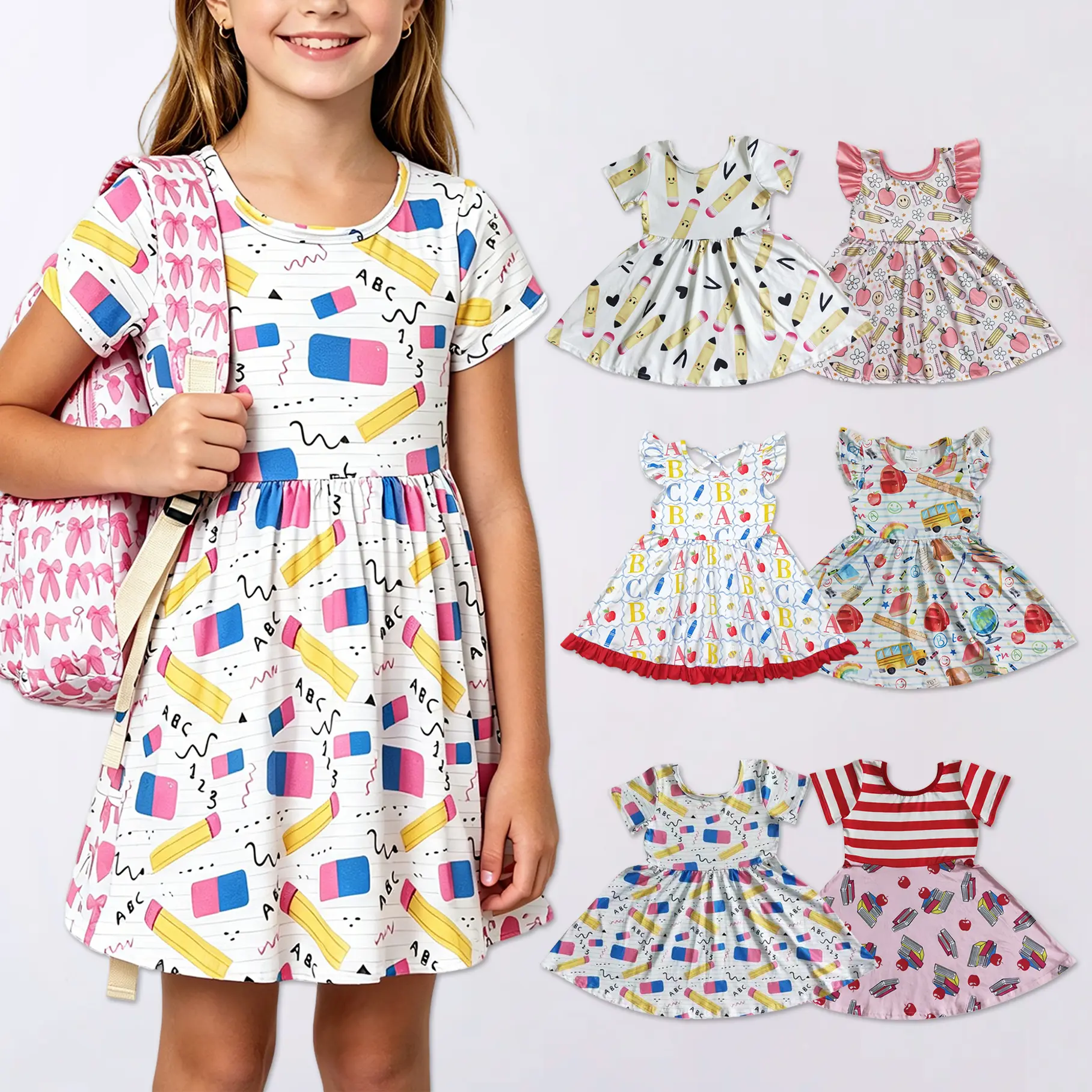 Multi Style School Supplies Girls Dress Short Sleeve Round Neck Girls Swing Dress With Fun Back To School Prints