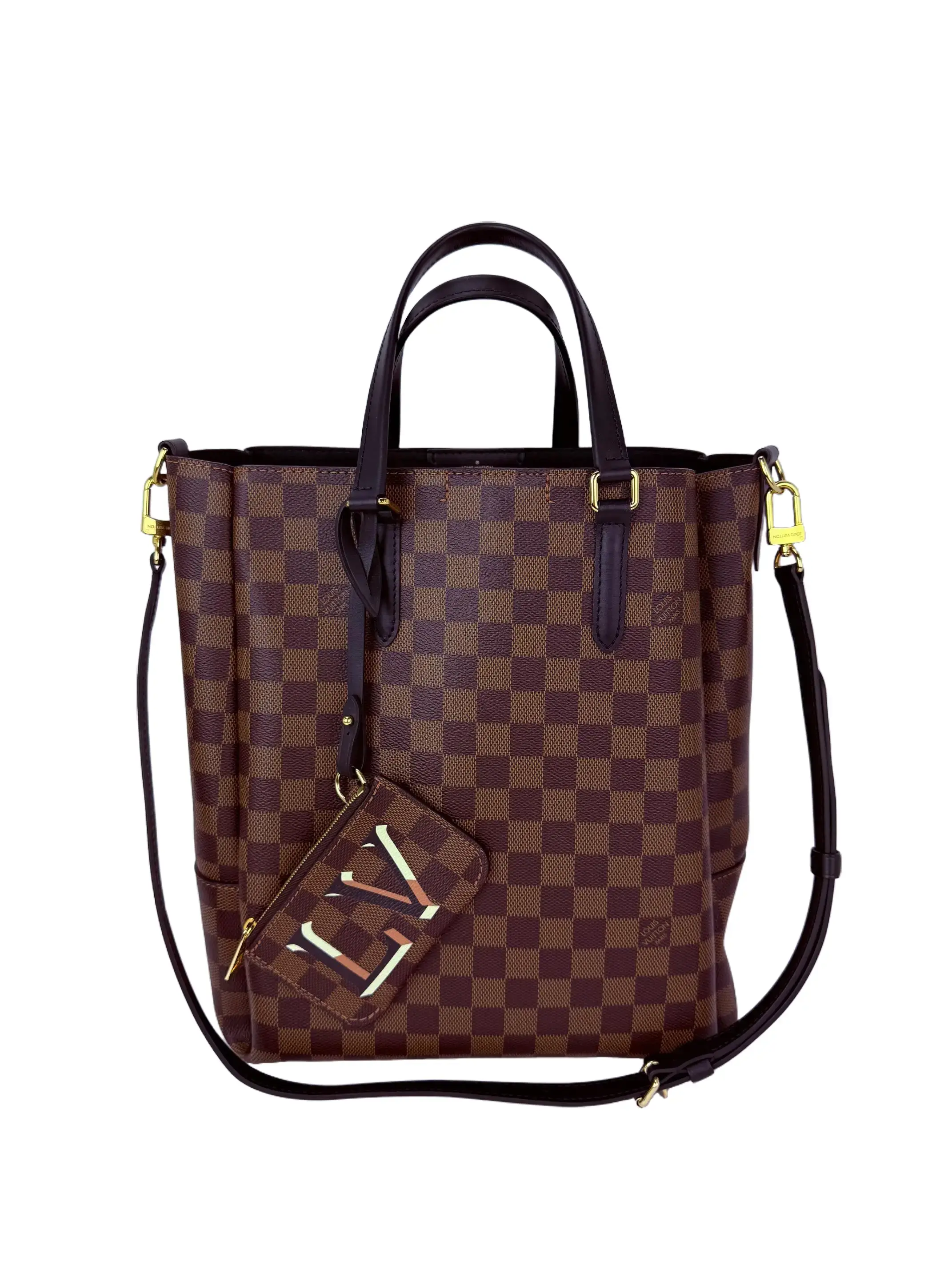 Pre-owned Louis Vuitton Canvas Tote Bags Damier Ebene Belmont MM Tote Bag Crossbody Bag with Velcro Pouch, Gold Accents, Box Included