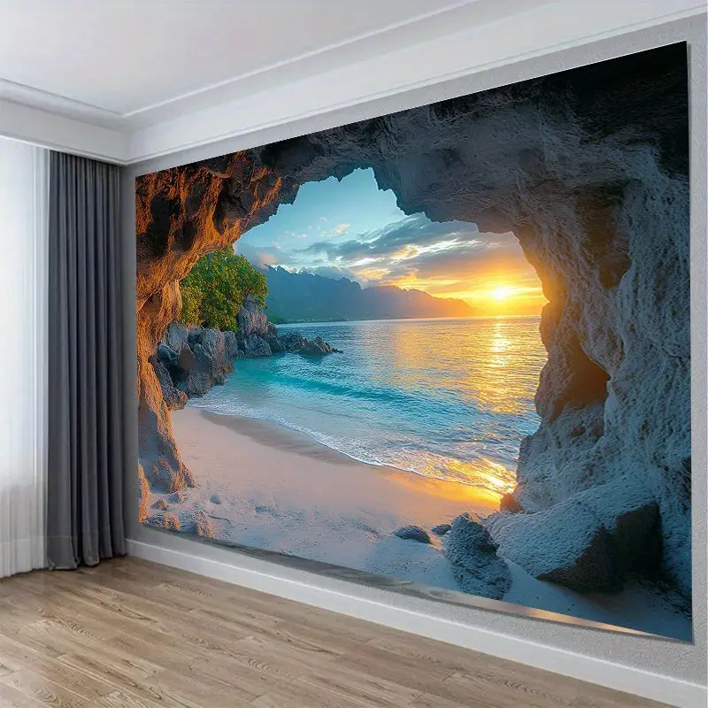 1pc Cave Seaside Sunset Knit Fabric Tapestry - Polyester Peach Skin Velvet Thin Home Wall Hanging, No-Electricity Indoor Artwork Print Tapestry for Living Room Decor, Brushed Fabric with Tranquil Nature Theme, Artwork Print Tapestries