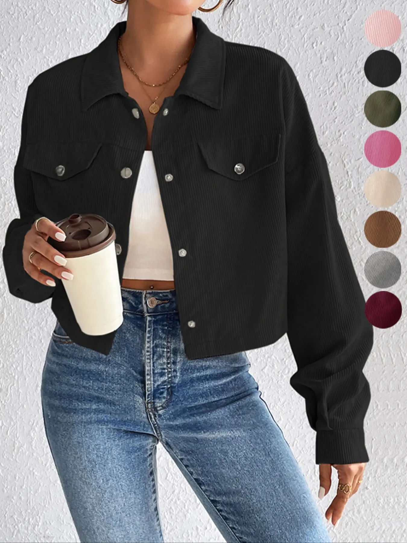 Women's Solid Button Front Drop Shoulder Corduroy Jacket Coats, Casual Long Sleeve Flap Detail Collared Outerwear for Spring & Fall, Ladies Clothes for Daily Wear