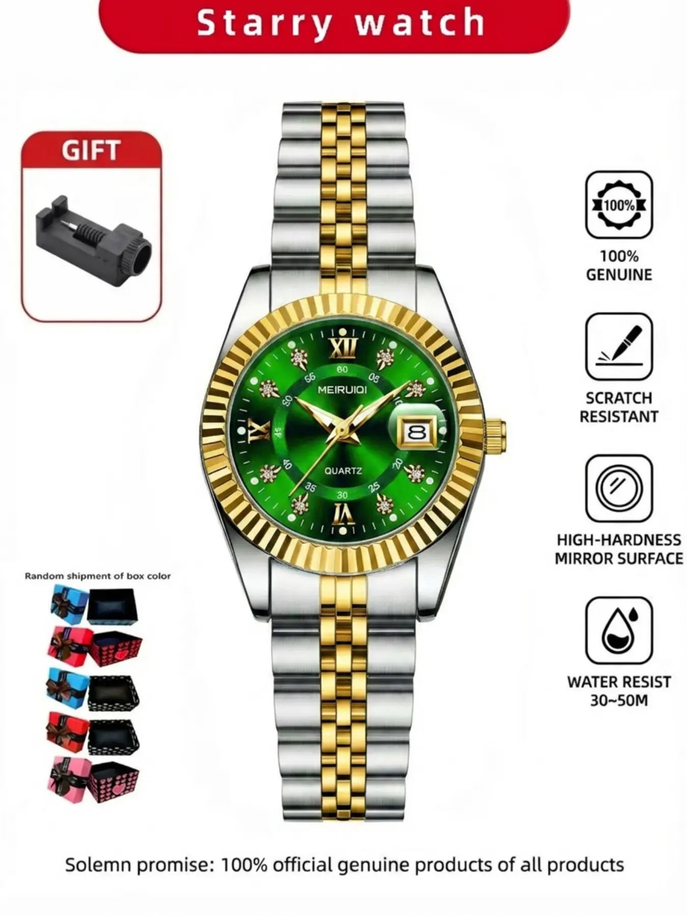 A Green Tech-Inspired Ladies' Wristwatch, Fashionable Stylish Watch, Quartz Watches, Fashionable Analog Watch with Two-Tone Gold Steel Bracelet, Sparkling Diamond Accents, Textured Finish, Water Resistant, Magnified Date Window, Quartz Movement