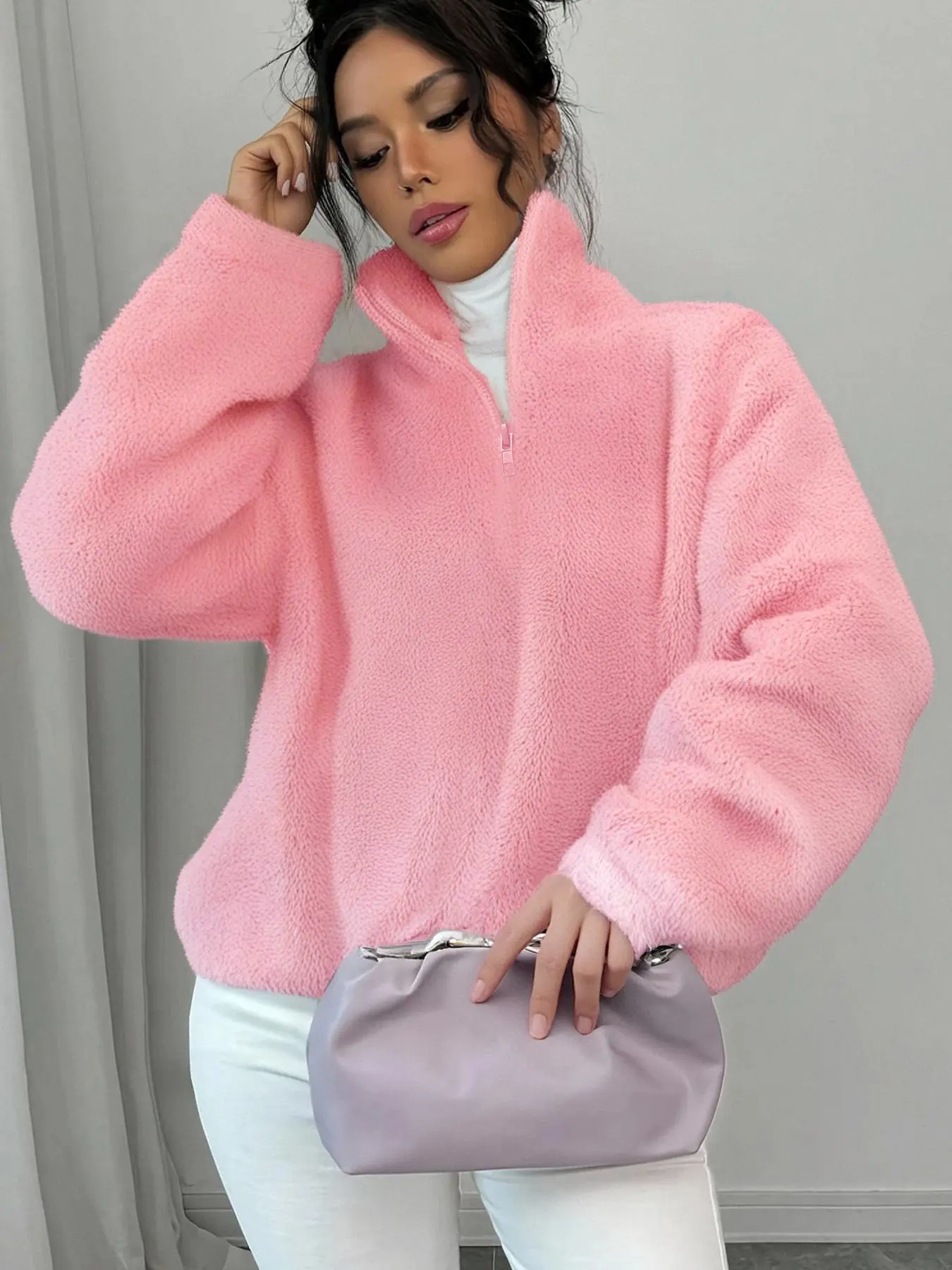 Women's Solid Color Zip Up Hooded Fuzzy Jacket, Casual Long Sleeve Fuzzy Coat for Daily Wear, Ladies Clothes for Fall & Winter, Sweatshirts