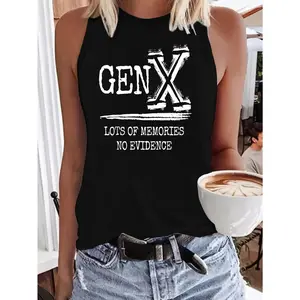 Gen X In My Defense You Left Letter Slogan Print Women' S Fashion Tank Top- Casual Sleeveless Crew Neck with Applique Detail, Perfect for Summer