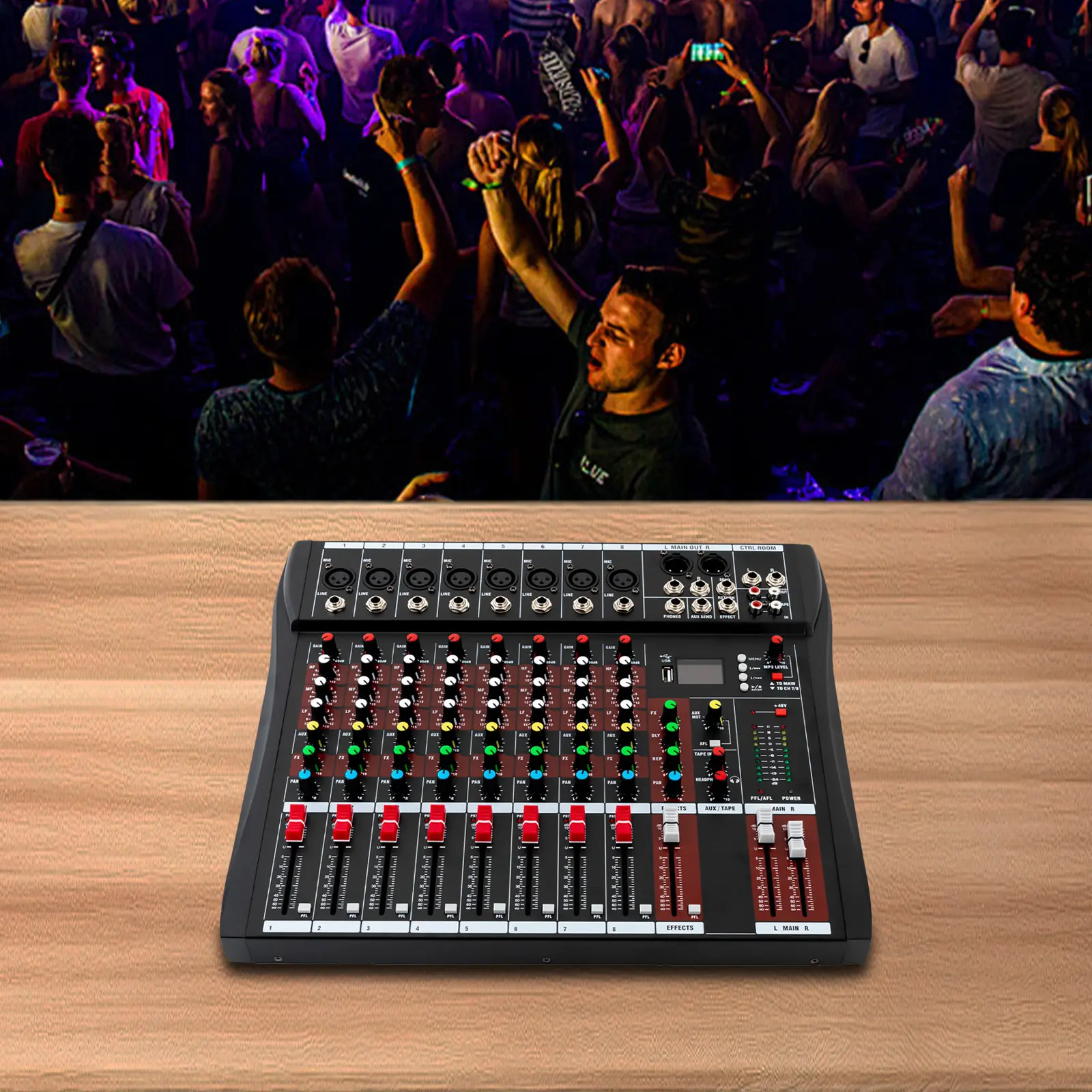 SHANGMAKEL Desktop Pro Audio DJ Mixing Console - 8-Channel Wired High-Fidelity USB-Powered Mixer with LED Display, Noise Reduction, RCA/XLR/TRS, 2-Track Send (RCA, Unbalanced, 75 Ohm, -2dBu), 20Hz-30kHz 0.5dB, 1 Power Adapter for Home, Studio Recording