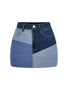 New Fashion Women's Trendy Denim Mini Skirt, High Waist Skirts, High Waisted Skirt, Colorblock Patchwork, High Waist Slim Fit Short Dress, Spring Summer Casual Wear, Womenswear