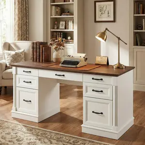 Wood Computer Writing Desk Farmhouse Executive Desk, Rustic Office Desk with Charging Station and Keyboard Tray,Home Workstations with File Drawer, Storage Cabinet
