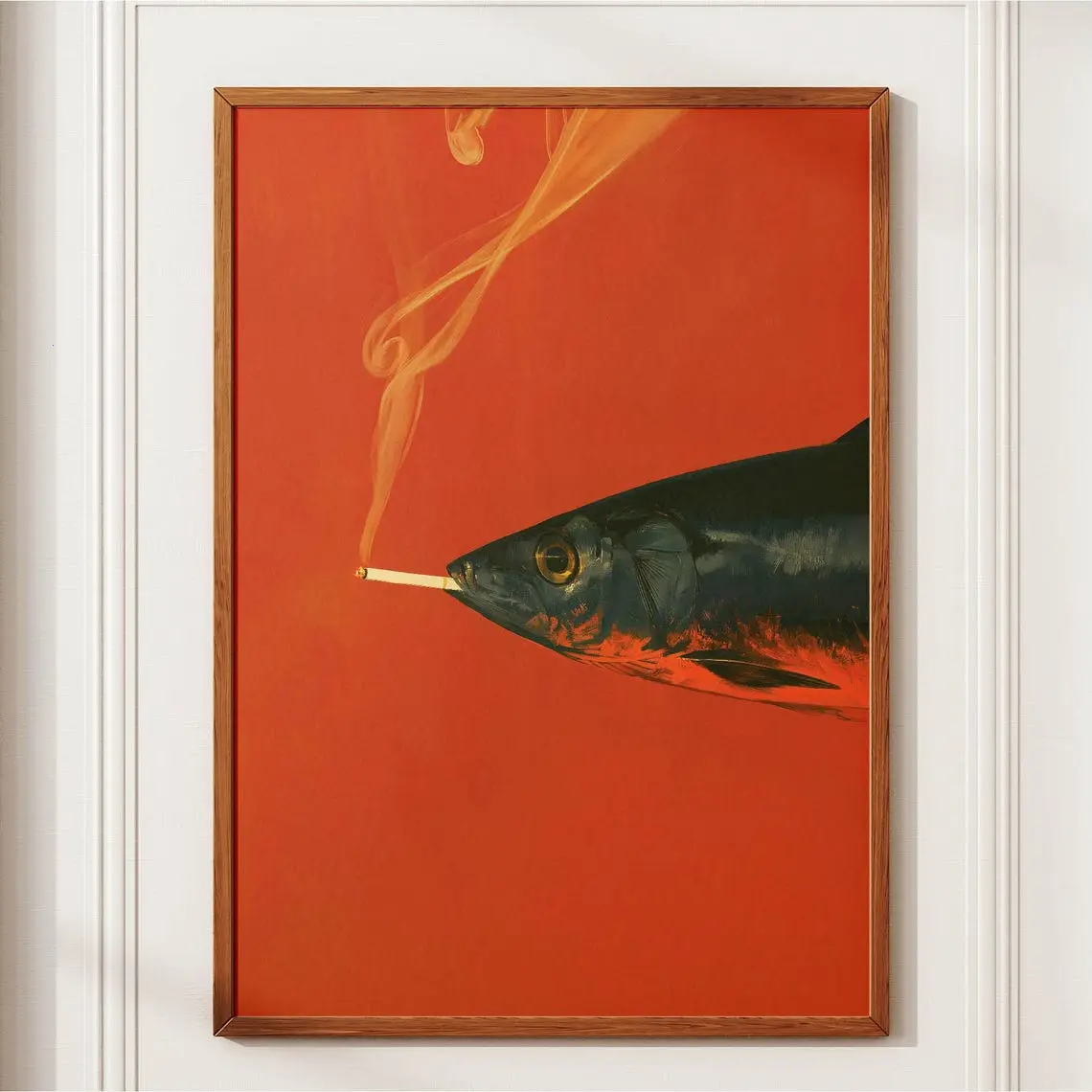 Fish Smoking a Cigarette Poster [Unframed], Vintage Art Retro Whimsical Print, Funny Animal Wall Decor, Quirky Kitchen Art