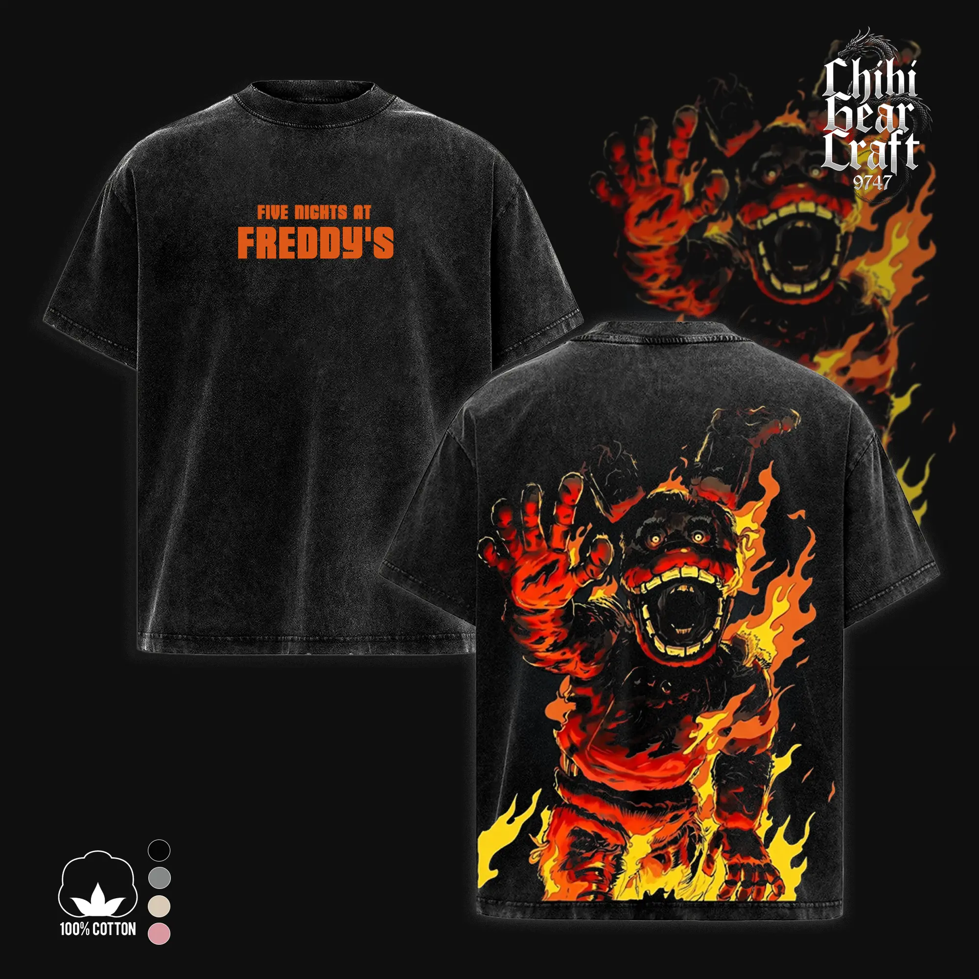 Men's 5 Nights at Freddy's Washed Casual Seamless Shortsleeve Tshirt & Hoodie - Vintage Horror Video Game Graphic, Springtrap Fire Design, Emo Affliction Streetwear, New York Style Menswear Apparel Gift for Game Fans