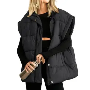 Songling Women's Black Casual Puffer Vest - Lightweight Stand Collar Full Zip with Pockets & Adjustable Drawstring - Trendy Outerwear for Spring Fall Winter Basic Fitted  Womenswear Style