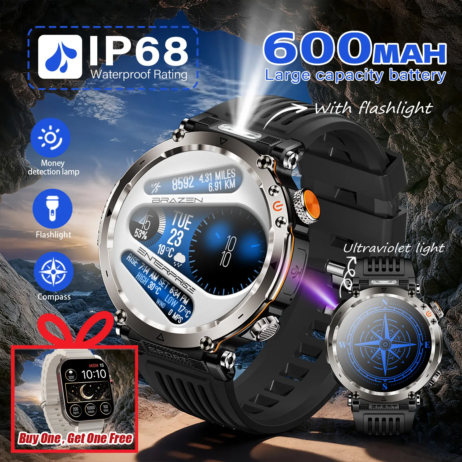 Rugged Smartwatch for Men – 1.7" HD Display, Flashlight & Compass, 600mAh Long Battery, Waterproof, Health & Fitness Tracking, Outdoor Adventure Watch