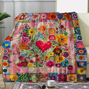 Vintage Floral Heart Throw Blanket, Soft Cozy Flannel Knitted Polyester with Colorful Flower Digital Print, All-Season Multipurpose for Bedroom & Sofa, Office, Travel, Ideal Gift for Any Occasion, Throw Blankets, Blankets For Bedroom
