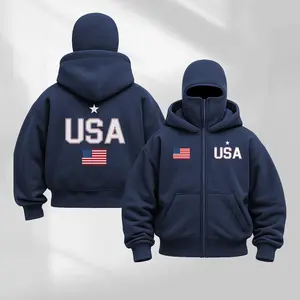 Balaclava Jacket Zip Up USA letters Printed Fashion Double Layer Hoodie Hip Hop Outerwear Jacket Y2K Clothing for Men and Women