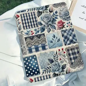 Creative Blue Floral Grid Element Pattern Shockproof Tablet Case Suitable for iPad Mini, Air, Pro 4, 5, 6, 7 (2017, 2018, 2019, 2020, 2021, 2022, 2023, 2024, 2025 models), and Samsung S6, 7, 8, 9, 10FE + A7 LITE Tablet Cases