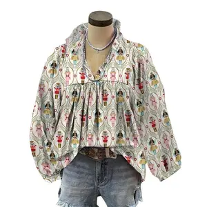 Women’s retro Christmas nutcracker print V-neck lantern-sleeve shirt — white, red, green, and black A-line cut polyester holiday top, perfect for autumn/winter casual wear