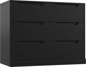 Modern 6 Drawer Dresser for Bedroom, Double Chest of Drawers with Storage, Large Wooden Storage Dresser Organizer with Cut-Out Handles, Accent Storage Cabinet for Living Room, Entryway, Black