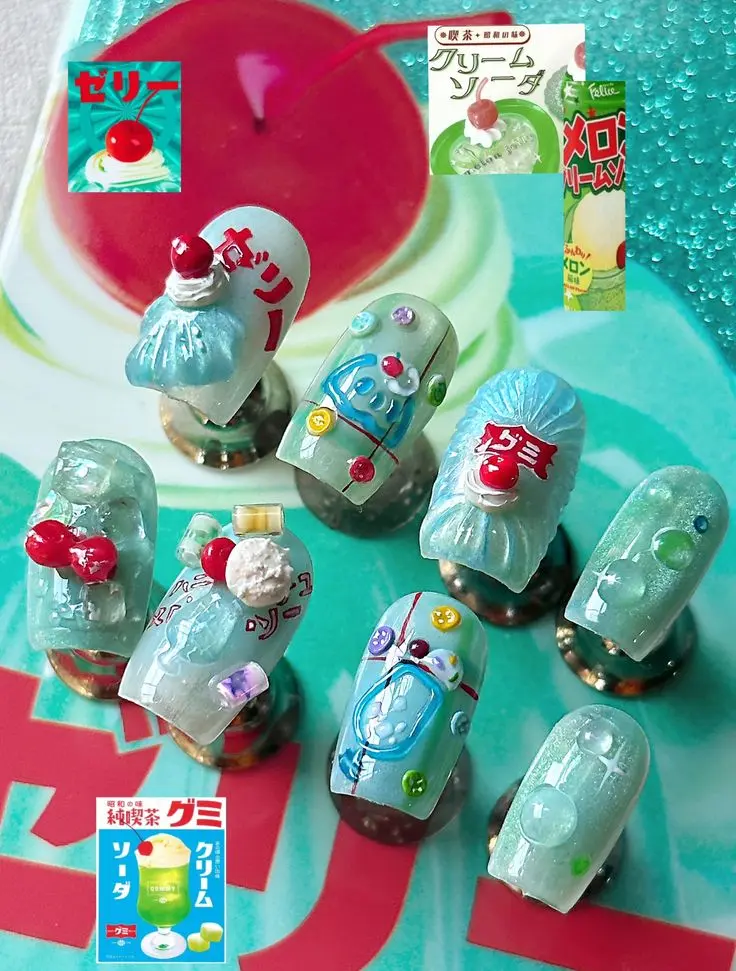 Handmade Showa Retro Dessert Press On Nails | Japanese Jun Kissa Melon Soda & Fruit Jelly 3D Kawaii Nails | Reusable Fake Nails with FREE Adhesive Tabs FREE Nail File FREE Cuticle Stick