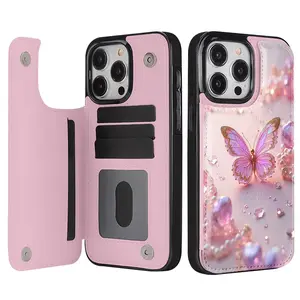 Beautiful Pink Butterfly Jewelry Design Pattern Leather Card Holder Phone Case,for iPhone 17 Pro Max Phone Case 17 Air 16 15 Plus 14 13 12 , Samsung Galaxy S25 ULTRA FE Plus S22 S23 FE S24 Plus