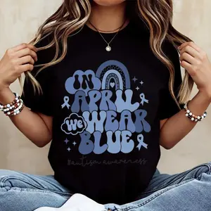 April We Wear Blue Shirt, Autism Awareness Ribbon Rainbow Tee, Women Girls Casual T Shirt, Autism Awareness Month Gift