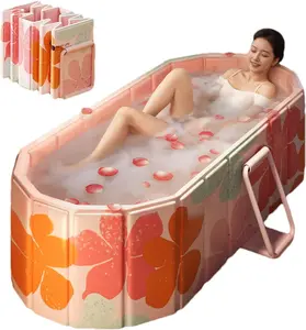 Portable Insulated Bathtub for Adults, Extra-Large Ice Bath Tub for Athletes with 5-Layer Thermal Structure, No-Inflation Folding Bathtub with Cover, Baths at Home & Outdoor, Fast Drain (Pink)