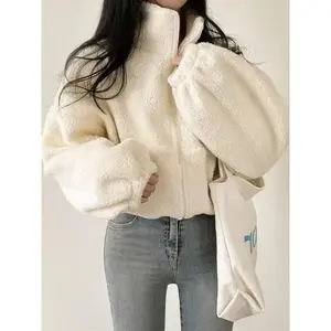 Women Sherpa Fleece Crop Coat Loose Hoodies Long Sleeve Short Jackets Sweet Can be used with raincoat(Sheets)