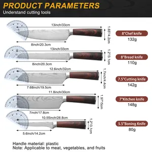 Chef Knife Set, High Carbon Stainless Steel Damascus Pattern Cleaver Bone Knife Set Slicing Knife Santoku Knife Chef Knife Vegetable Knife Multi-purpose Knife Boning Knife Professional Cooking Knife Meat Cleaver Stainless