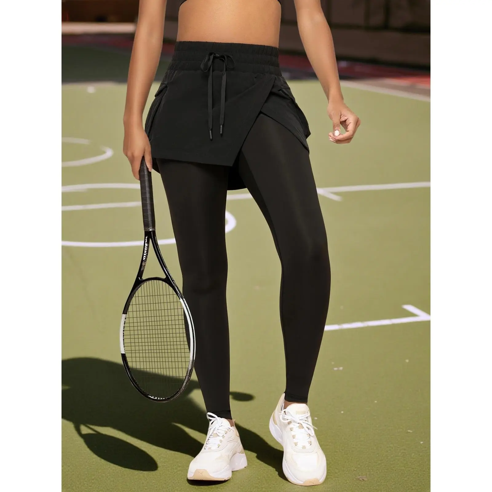 FISOEW Women's 2 in 1 Skirt Overlay Leggings, Drawstring High Waist Cargo Pocket Tennis Skort Pants, Athletic Workout Leggings