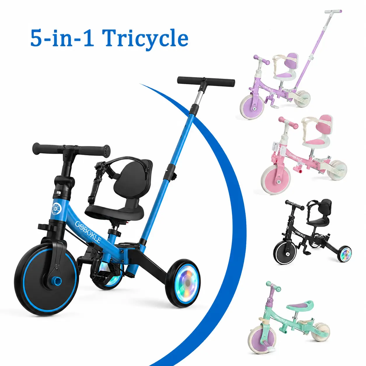 #tiktokshopsummersale 5-in-1 Toddler Tricycle for Ages 1-3, Convertible Ride-on Toy with Push Handle, Removable Pedals, Colorful Light-Up Wheels, Adjustable Seat Height & Backrest
